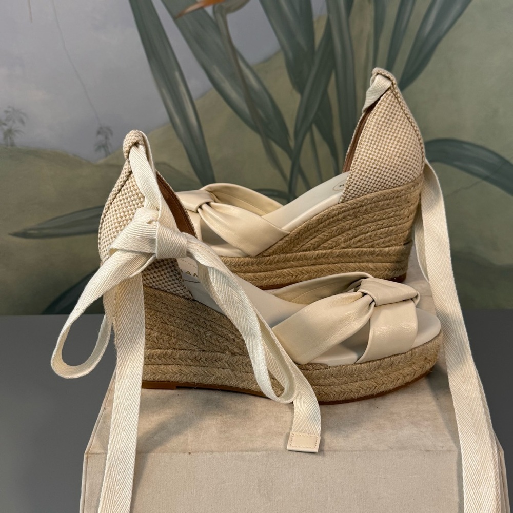 Cole Haan Cream Espadrille Wedge Sandals with Ankle Wraps, size 10, NWOT